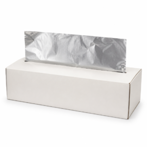 Unbranded plain 9 inch x 10.75 inch pop-up aluminum foil sheets in blank dispenser box