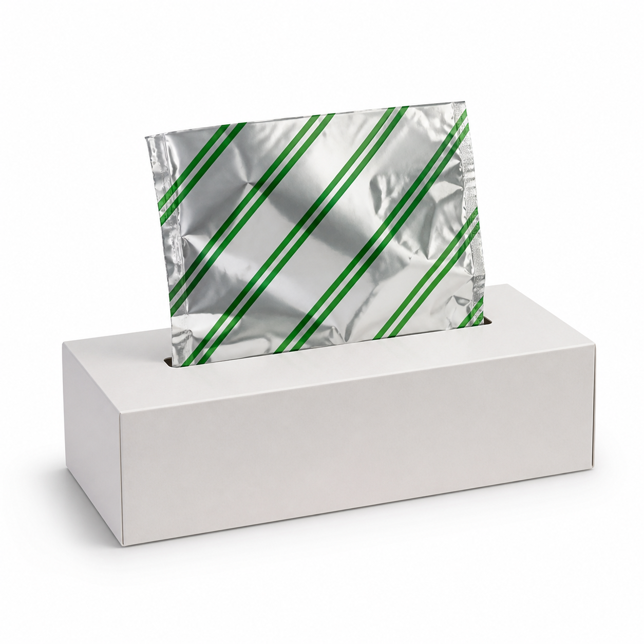 Unbranded 9 inch x 10.75 inch green stripe pop-up aluminum foil sheets in blank dispenser box