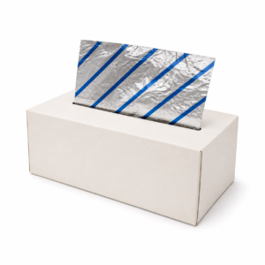 Unbranded 9 inch x 10.75 inch blue stripe pop-up aluminum foil sheets in blank dispenser box
