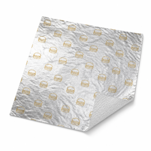 Unbranded cheeseburger print 10.5 inch x 14 inch cushion-fold aluminum foil wrap sheet