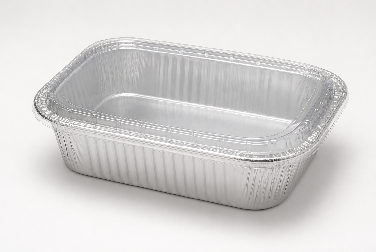 1 lb deep oblong aluminum foil take-out container with clear plastic dome lid