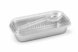 4 oz Small Rectangular Aluminum Foil Dessert Tray with Plastic Lid and Spoon