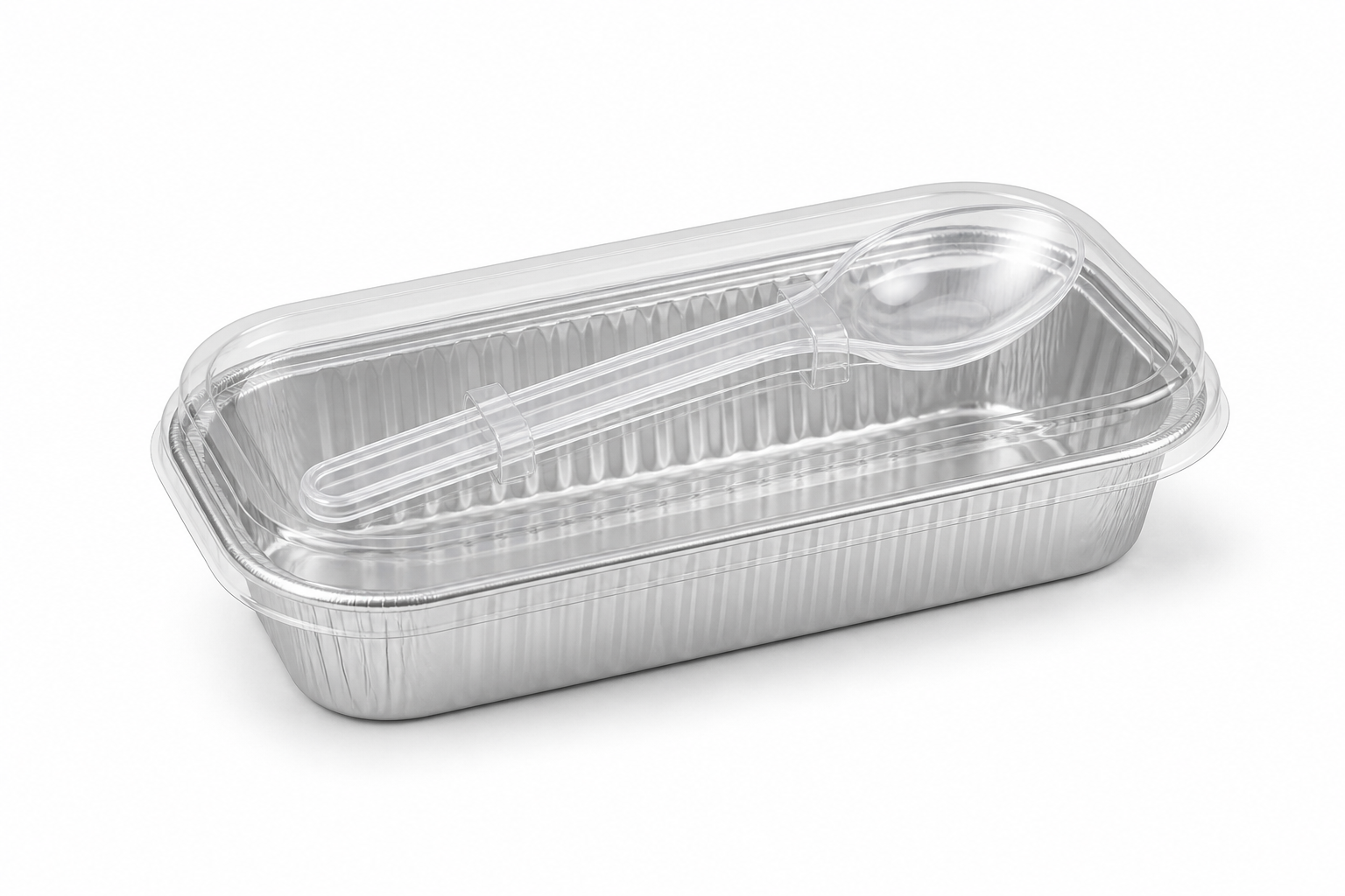 4 oz rectangular aluminum foil dessert tray with clear lid and attached clear spoon