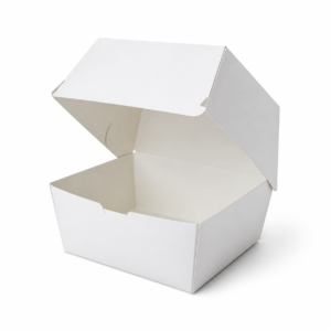 Blank tall custom clamshell burger box, 4.25 x 4.25 x 4.25 inches