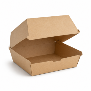 Blank broad custom clamshell burger box, 5 x 5 x 3 inches