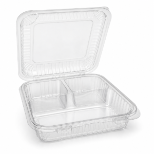 Clear PLA 3-Compartment Container - 8 x 8 x 3 in