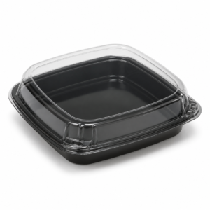 RPET Sushi Tray with Lid - Medium (18 oz), 7 x 7 x 1.5 in, Black/Clear