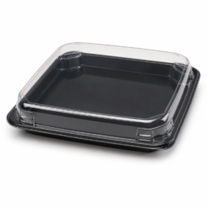 RPET Sushi Tray with Lid - Large (42 oz), 9 x 9 x 1.5 in, Black/Clear