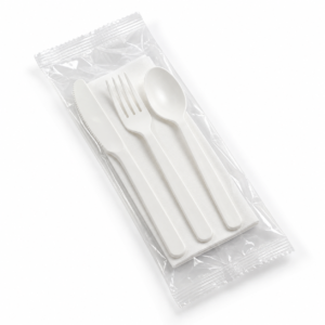 PLA Cutlery - Wrapped Kit, White (K, F, S, N + Compostable Wrapper)