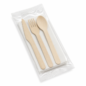 unbranded wrapped 6.5 inch birch wood knife fork spoon and napkin cutlery kit