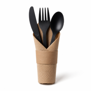 Vine PLA Cutlery - Cutlery Roll, Black with Brown Napkin (K, F, S, N)