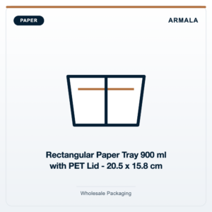 900 ml Rectangular Paper Tray with PET Lid - 20.5 x 15.8 cm Top