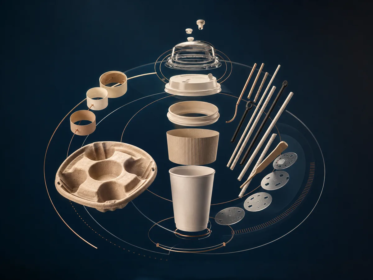 Packaging accessories including lids, sleeves, cup carriers, straws, stirrers, seals and plugs.