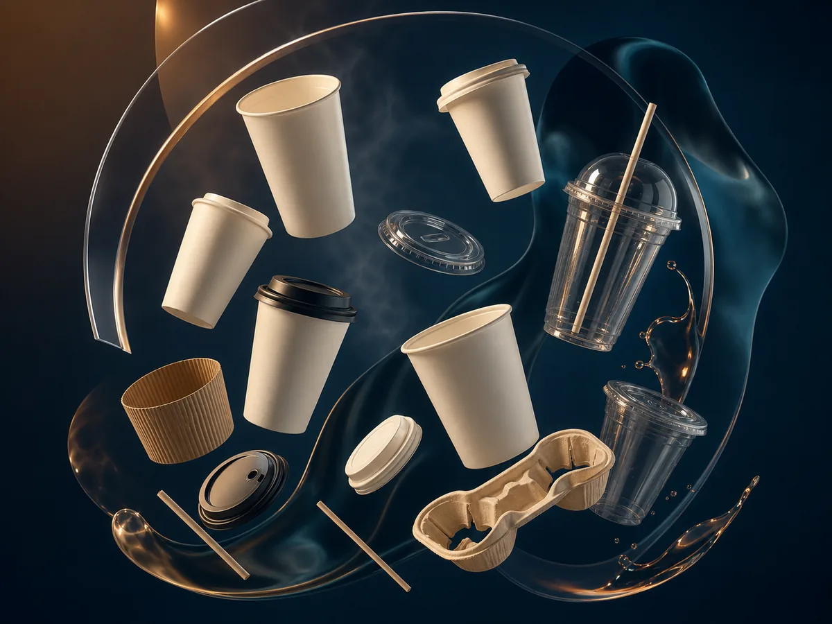Beverage packaging including paper cups, PET cups, lids, sleeves, straws and cup carriers.
