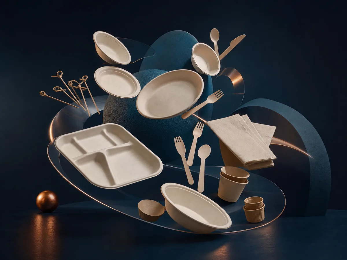 Dining essentials including plates, bowls, cutlery, napkins, food picks and portion cups.