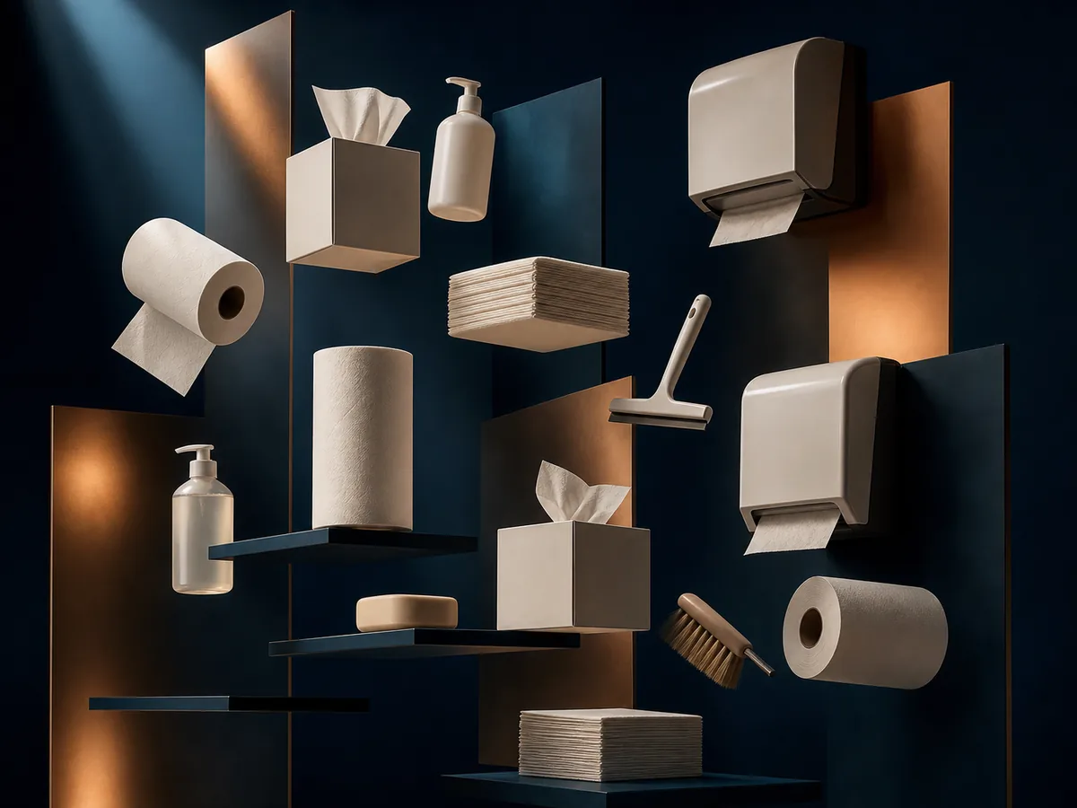 Facilities and hygiene products including tissues, paper towels, dispensers, soap and sanitizer.