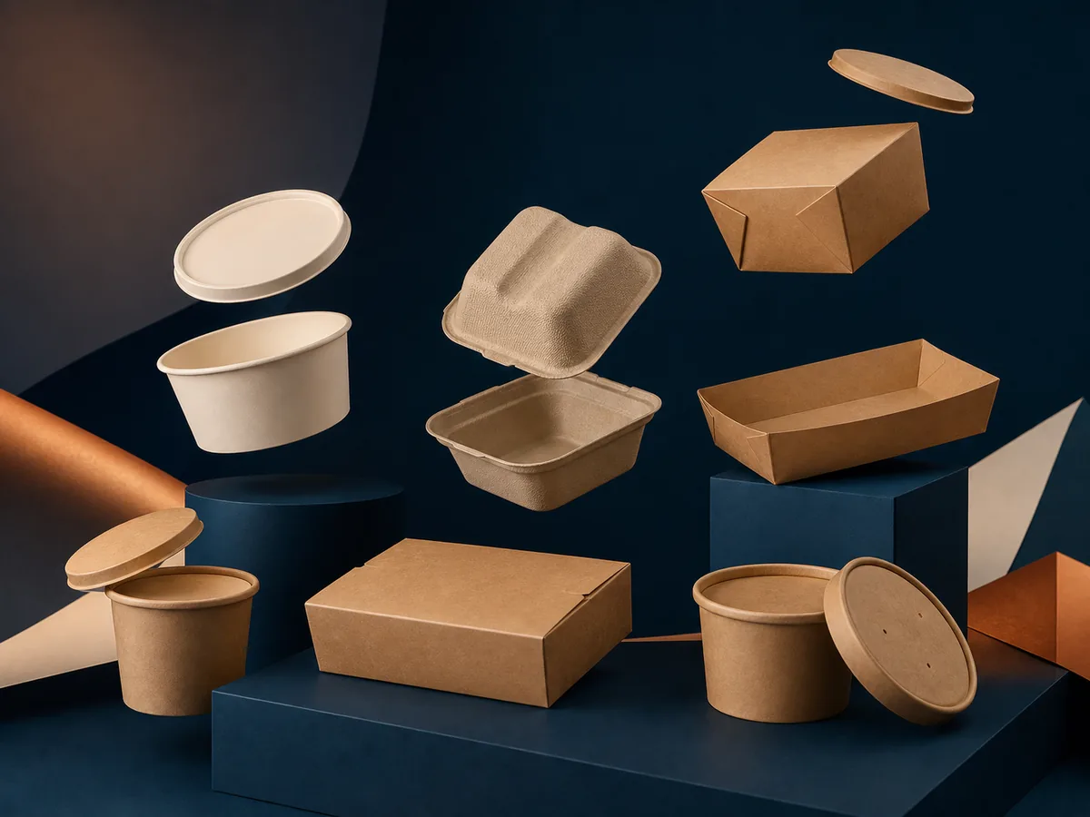 Food packaging including takeout containers, bowls, trays, clamshells and soup cups.
