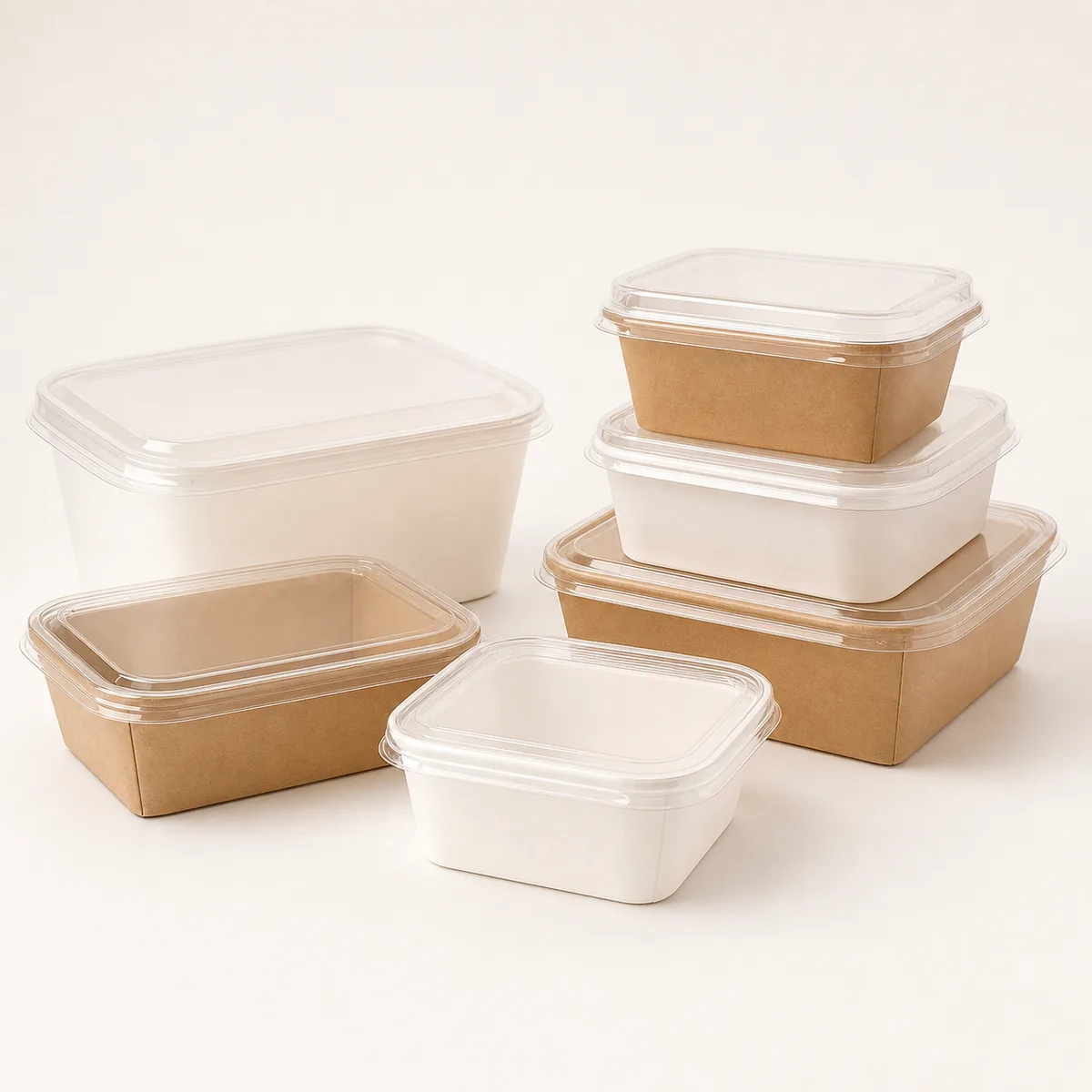 Food containers with clear lids, unbranded takeout packaging for restaurants.