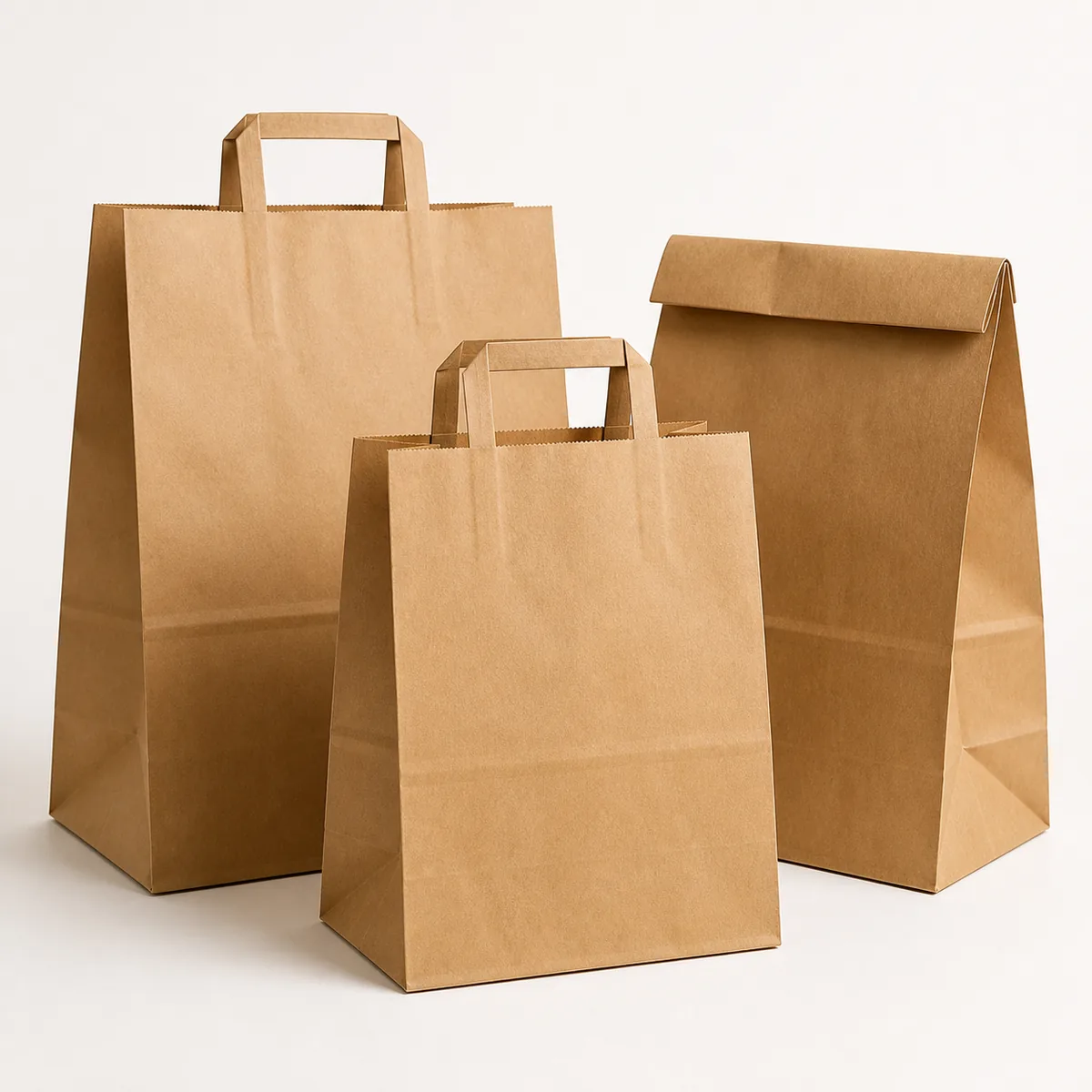 Kraft paper bags, unbranded carryout bags for food-service packaging.