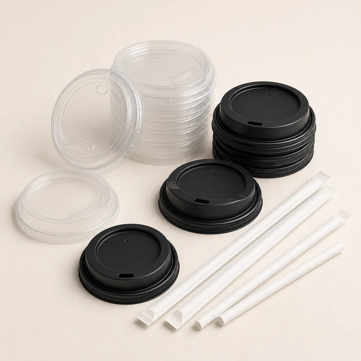 Cup lids and drinking straws, unbranded food-service packaging supplies.
