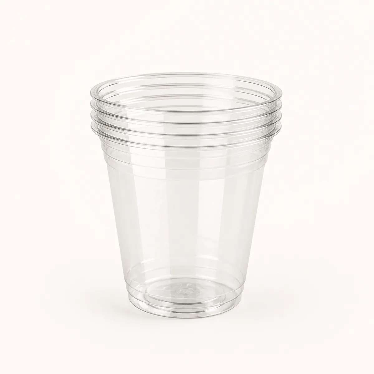 Clear PET cups, unbranded plastic cold cups for food-service packaging.