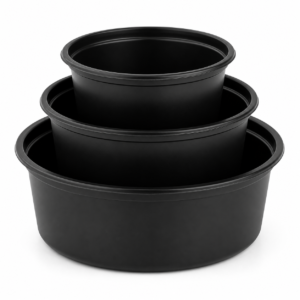 Black Base Heavy Duty Round Container Family in 8 oz to 48 oz Sizes