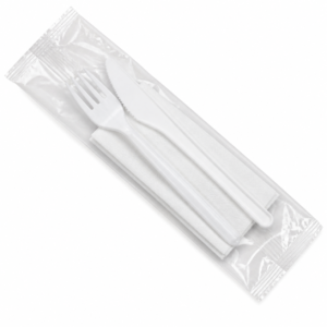 PP Fork + Knife + 2 Napkins - White