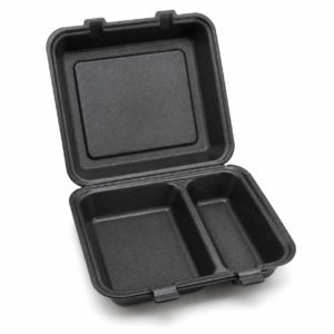 7 x 7 in EPS Foam Hinged Container - 2-Compartment - Black - 4/50