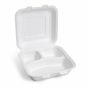 8 x 8 in EPS Foam Hinged Container - 3-Compartment - White - 4/50