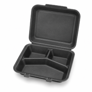 8 x 8 in EPS Foam Hinged Container - 3-Compartment - Black - 2/100